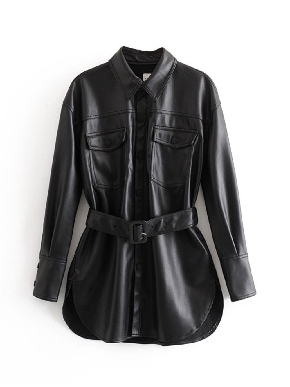 Black Faux Leather Belted Shacket Jacket - Women